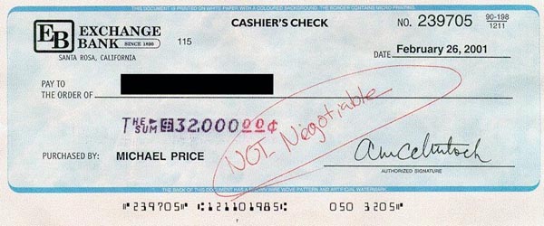 Counterfeit Cashier's check from the Exchange bank in Santa Rosa, California.