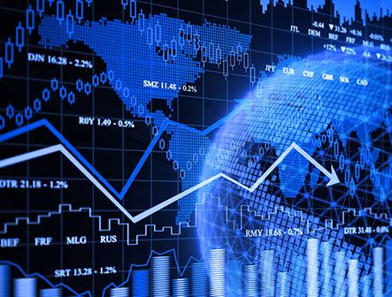 collage of financial graphs, charts, and globe